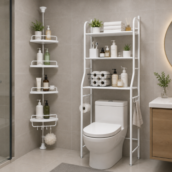 baño1 Combo Organizador de Baño: Esquinero 4 Niveles + Estante sobre Inodoro