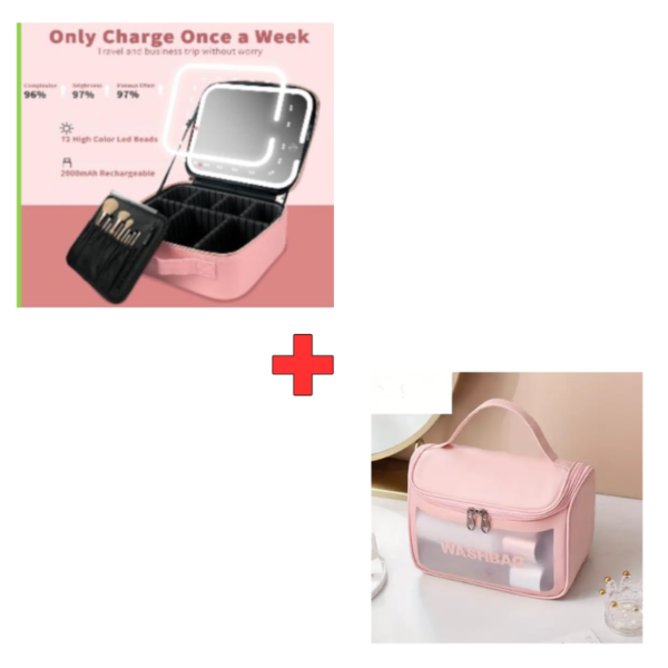 cosmetiquera 1 Combo: Maletín Organizador con Espejo LED + Bolsa de Viaje