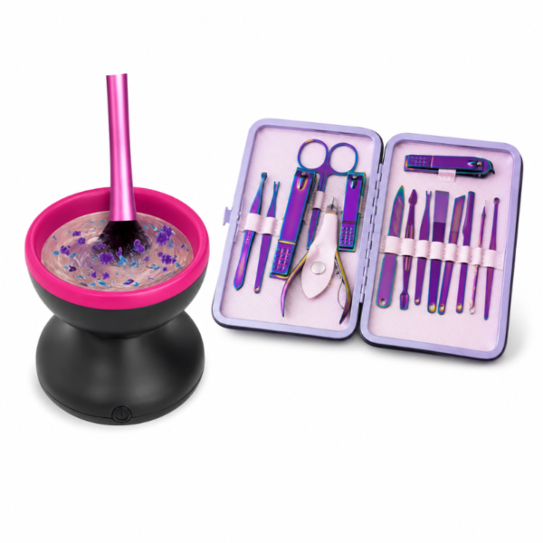 Combo Belleza – Lavadora de Brochas Eléctrica + Kit Manicura 15 Piezas